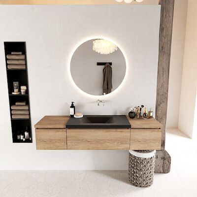 MONDIAZ BUKLA 160cm badmeubel met module 40 kleur Washed Oak met 3 lades. Wastafel CLOUD midden 0 kraangaten kleur Urban.