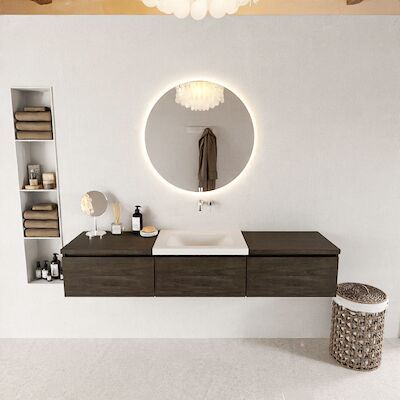 MONDIAZ BUKLA 180cm badmeubel met module 60 kleur Dark Brown met 3 lades. Wastafel CLOUD midden 0 kraangaten kleur Talc.