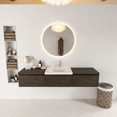 MONDIAZ BUKLA 180cm badmeubel met module 60 kleur Dark Brown met 3 lades. Wastafel CLOUD midden 1 kraangat kleur Talc.