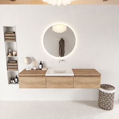 MONDIAZ BUKLA 180cm badmeubel met module 60 kleur Washed Oak met 3 lades. Wastafel CLOUD midden 0 kraangaten kleur Talc.