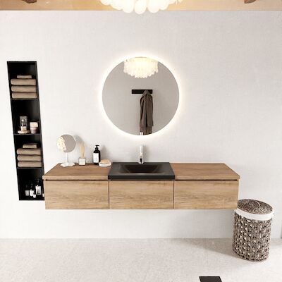 MONDIAZ BUKLA 180cm badmeubel met module 60 kleur Washed Oak met 3 lades. Wastafel CLOUD midden 1 kraangat kleur Urban.