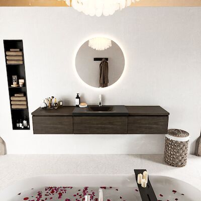 MONDIAZ BUKLA 200cm badmeubel met module 60 kleur Dark Brown met 3 lades. Wastafel CLOUD midden 1 kraangat kleur Urban.