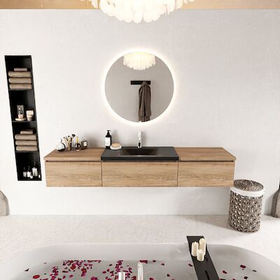 MONDIAZ BUKLA 200cm badmeubel met module 60 kleur Washed Oak met 3 lades. Wastafel CLOUD midden 1 kraangat kleur Urban.