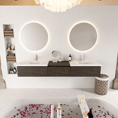 MONDIAZ BUKLA 220cm badmeubel met module 60 kleur Dark Brown met 3 lades. Wastafel CLOUD dubbel 2 kraangaten kleur Talc.