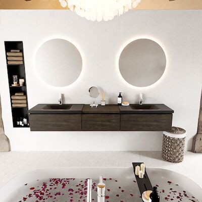 MONDIAZ BUKLA 220cm badmeubel met module 60 kleur Dark Brown met 3 lades. Wastafel CLOUD dubbel 2 kraangaten kleur Urban.