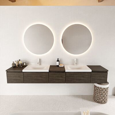 MONDIAZ BUKLA 240cm badmeubel met module 40 kleur Dark Brown met 5 lades. Wastafel CLOUD dubbel 2 kraangaten kleur Talc.
