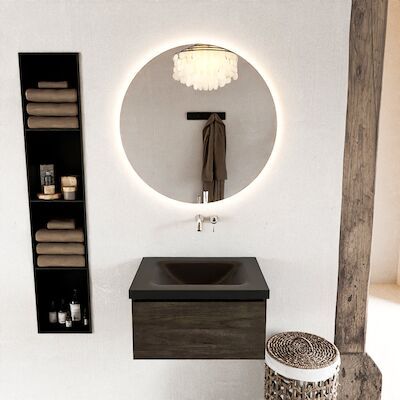 MONDIAZ BUKLA 60cm badmeubel modulair kleur Dark Brown met 1 lade. Wastafel CLOUD midden 0 kraangaten kleur Urban.