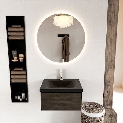 MONDIAZ BUKLA 60cm badmeubel modulair kleur Dark Brown met 1 lade. Wastafel CLOUD midden 1 kraangat kleur Urban.