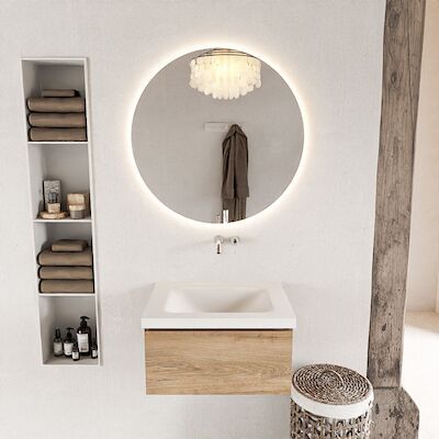 MONDIAZ BUKLA 60cm badmeubel modulair kleur Washed Oak met 1 lade. Wastafel CLOUD midden 0 kraangaten kleur Talc.
