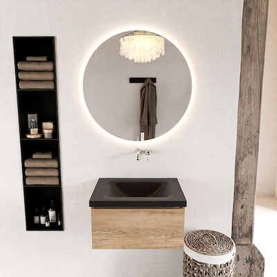 MONDIAZ BUKLA 60cm badmeubel modulair kleur Washed Oak met 1 lade. Wastafel CLOUD midden 0 kraangaten kleur Urban.