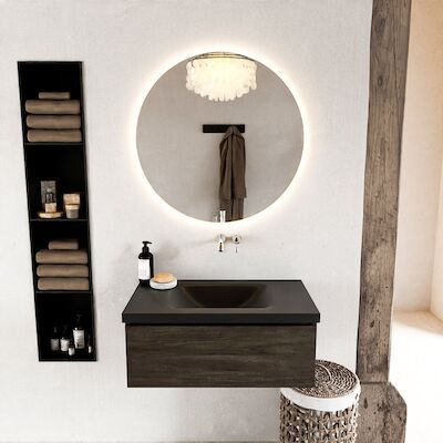 MONDIAZ BUKLA 80cm badmeubel modulair kleur Dark Brown met 1 lade. Wastafel CLOUD midden 0 kraangaten kleur Urban.