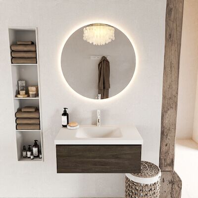 MONDIAZ BUKLA 80cm badmeubel modulair kleur Dark Brown met 1 lade. Wastafel CLOUD midden 1 kraangat kleur Talc.