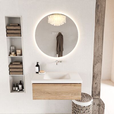 MONDIAZ BUKLA 80cm badmeubel modulair kleur Washed Oak met 1 lade. Wastafel CLOUD midden 0 kraangaten kleur Talc.