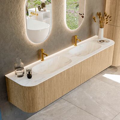 Mondiaz KURVE-DLUX 200 cm Onderkast Greeploos 2 Lades Met Deuren Oak, Wastafel Solid Surface Dubbel Ostra 2 Kraangaten Zonder Spiegel (KRVSTS200L+R2L2D2KD-Oak/Ost)