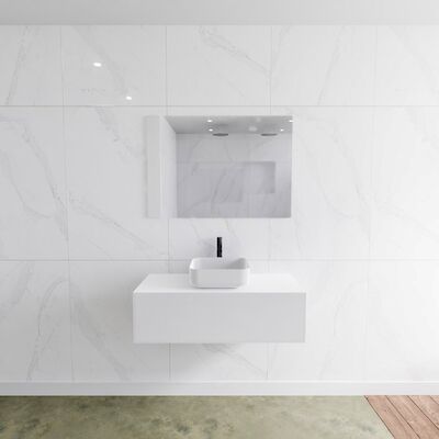 MONDIAZ LAGOM 100 badmeubel solid surface talc 1 lades BINX midden 1 kraangat