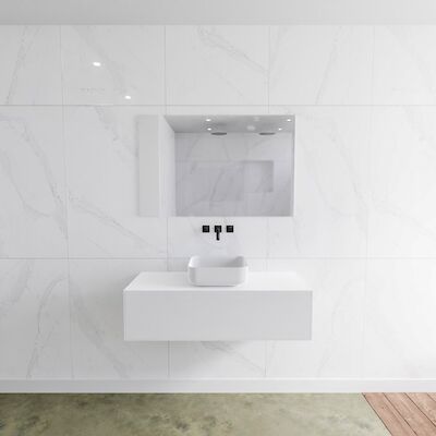 MONDIAZ LAGOM 110 badmeubel solid surface talc 1 lades BINX midden 0 kraangaten