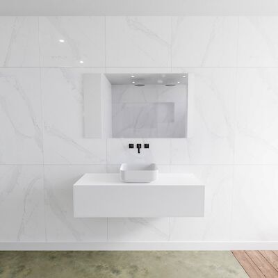 MONDIAZ LAGOM 120 badmeubel solid surface talc 1 lades BINX midden 0 kraangaten