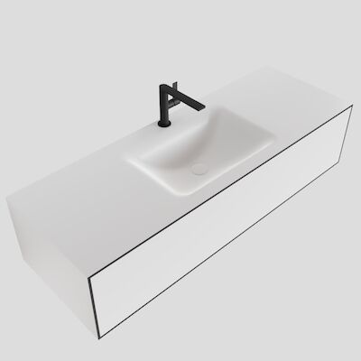 MONDIAZ LAGOM 130 badmeubel solid surface talc 1 lade CLOUD midden 1 kraangat