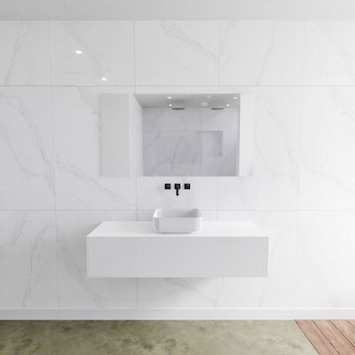 MONDIAZ LAGOM 130 badmeubel solid surface talc 1 lades BINX midden 0 kraangaten