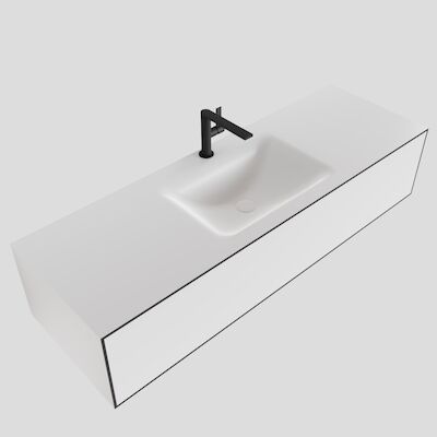MONDIAZ LAGOM 140 badmeubel solid surface talc 1 lade CLOUD midden 1 kraangat