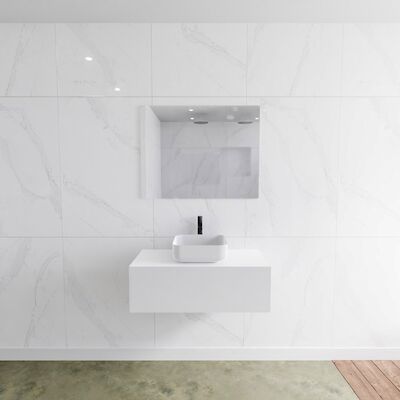 MONDIAZ LAGOM 90 badmeubel solid surface talc 1 lades BINX midden 1 kraangat