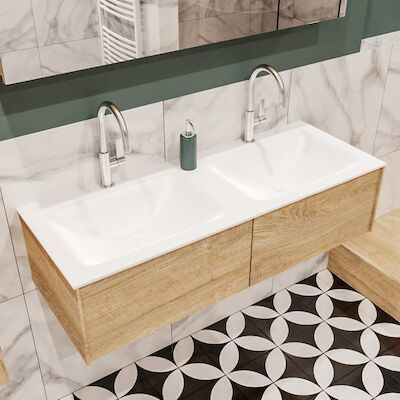 MONDIAZ LUSH 120 badmeubel washed oak 2 lades wastafel dubbel 2 kraangaten