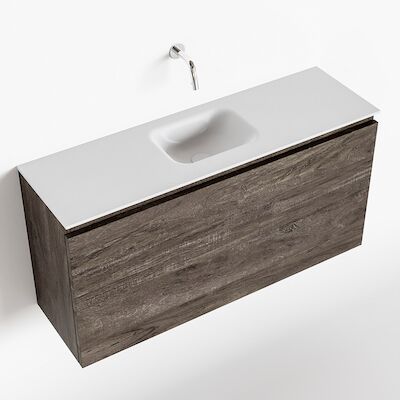 MONDIAZ OLAN 100cm toiletmeubel dark brown. LEX wastafel talc midden geen kraangat