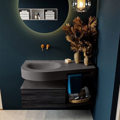 MONDIAZ RIVA 100cm badmeubel onderkast / planchet kleur Antracite met 1 lade. Wastafel DULCET links 0 kraangaten kleur Dark_Grey.