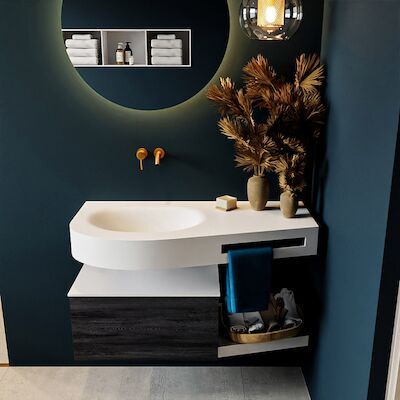 MONDIAZ RIVA 100cm badmeubel onderkast / planchet kleur Antracite met 1 lade. Wastafel DULCET links 0 kraangaten kleur Talc.