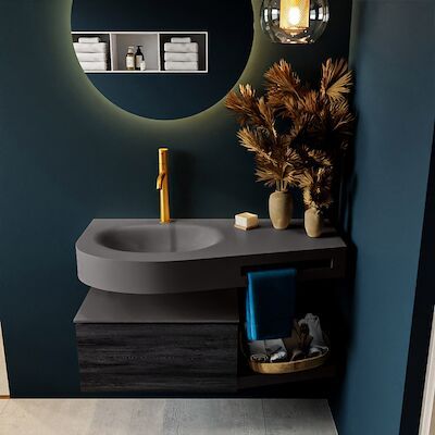 MONDIAZ RIVA 100cm badmeubel onderkast / planchet kleur Antracite met 1 lade. Wastafel DULCET links 1 kraangat kleur Dark_Grey.