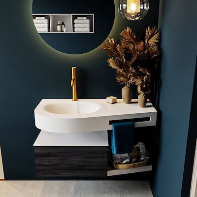 MONDIAZ RIVA 100cm badmeubel onderkast / planchet kleur Antracite met 1 lade. Wastafel DULCET links 1 kraangat kleur Talc.