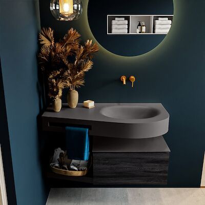 MONDIAZ RIVA 100cm badmeubel onderkast / planchet kleur Antracite met 1 lade. Wastafel DULCET rechts 0 kraangaten kleur Dark_Grey.