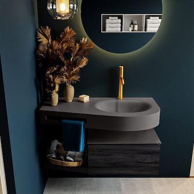 MONDIAZ RIVA 100cm badmeubel onderkast / planchet kleur Antracite met 1 lade. Wastafel DULCET rechts 1 kraangat kleur Dark_Grey.