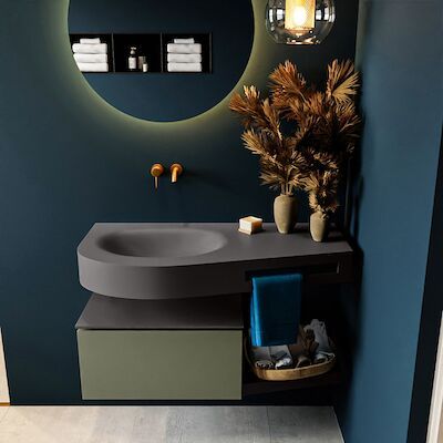 MONDIAZ RIVA 100cm badmeubel onderkast / planchet kleur Army met 1 lade. Wastafel DULCET links 0 kraangaten kleur Dark_Grey.