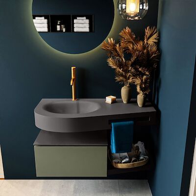 MONDIAZ RIVA 100cm badmeubel onderkast / planchet kleur Army met 1 lade. Wastafel DULCET links 1 kraangat kleur Dark_Grey.