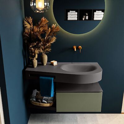 MONDIAZ RIVA 100cm badmeubel onderkast / planchet kleur Army met 1 lade. Wastafel DULCET rechts 0 kraangaten kleur Dark_Grey.