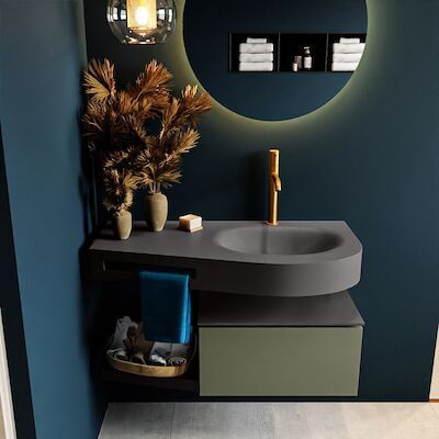 MONDIAZ RIVA 100cm badmeubel onderkast / planchet kleur Army met 1 lade. Wastafel DULCET rechts 1 kraangat kleur Dark_Grey.
