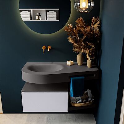 MONDIAZ RIVA 100cm badmeubel onderkast / planchet kleur Cale met 1 lade. Wastafel DULCET links 0 kraangaten kleur Dark_Grey.