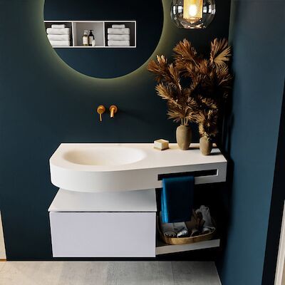MONDIAZ RIVA 100cm badmeubel onderkast / planchet kleur Cale met 1 lade. Wastafel DULCET links 0 kraangaten kleur Talc.