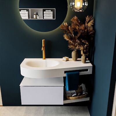 MONDIAZ RIVA 100cm badmeubel onderkast / planchet kleur Cale met 1 lade. Wastafel DULCET links 1 kraangat kleur Talc.