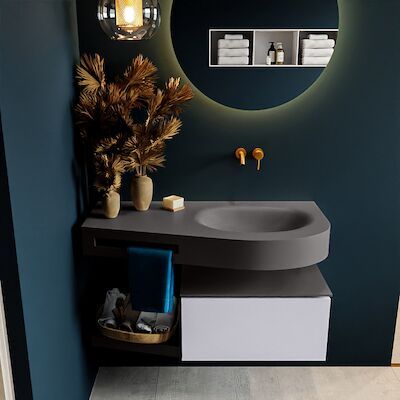 MONDIAZ RIVA 100cm badmeubel onderkast / planchet kleur Cale met 1 lade. Wastafel DULCET rechts 0 kraangaten kleur Dark_Grey.