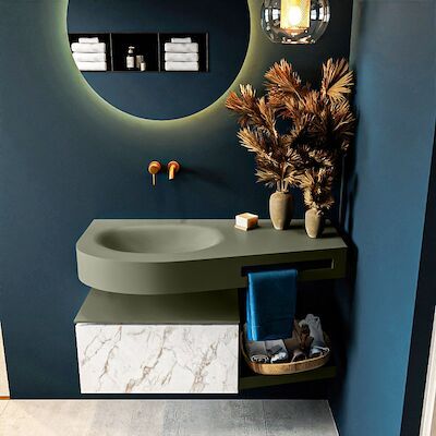 MONDIAZ RIVA 100cm badmeubel onderkast / planchet kleur carrara met 1 lade. Wastafel DULCET links 0 kraangaten kleur Army.