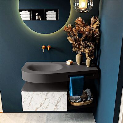 MONDIAZ RIVA 100cm badmeubel onderkast / planchet kleur carrara met 1 lade. Wastafel DULCET links 0 kraangaten kleur Dark_Grey.