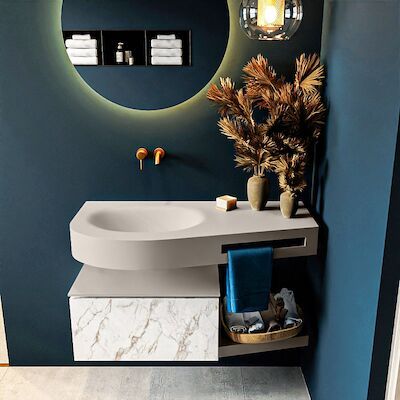 MONDIAZ RIVA 100cm badmeubel onderkast / planchet kleur carrara met 1 lade. Wastafel DULCET links 0 kraangaten kleur Linen.