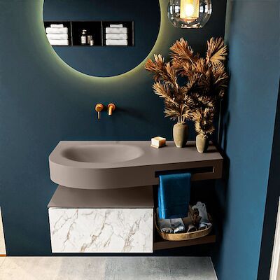 MONDIAZ RIVA 100cm badmeubel onderkast / planchet kleur carrara met 1 lade. Wastafel DULCET links 0 kraangaten kleur Smoke.