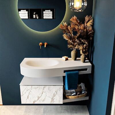 MONDIAZ RIVA 100cm badmeubel onderkast / planchet kleur carrara met 1 lade. Wastafel DULCET links 0 kraangaten kleur Talc.