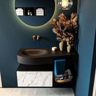 MONDIAZ RIVA 100cm badmeubel onderkast / planchet kleur carrara met 1 lade. Wastafel DULCET links 0 kraangaten kleur Urban.