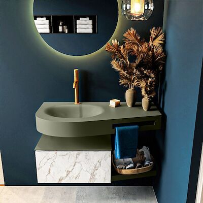 MONDIAZ RIVA 100cm badmeubel onderkast / planchet kleur carrara met 1 lade. Wastafel DULCET links 1 kraangat kleur Army.