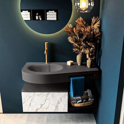 MONDIAZ RIVA 100cm badmeubel onderkast / planchet kleur carrara met 1 lade. Wastafel DULCET links 1 kraangat kleur Dark_Grey.