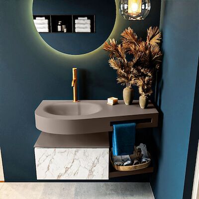 MONDIAZ RIVA 100cm badmeubel onderkast / planchet kleur carrara met 1 lade. Wastafel DULCET links 1 kraangat kleur Smoke.